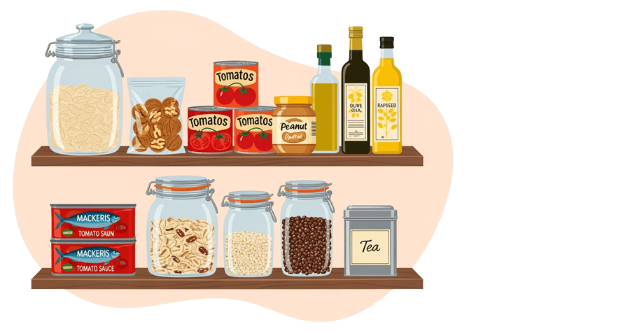 AI-genererade bilder av kökshyllor med hälsosamma livsmedel för antiinflammatorisk nybörjarguide