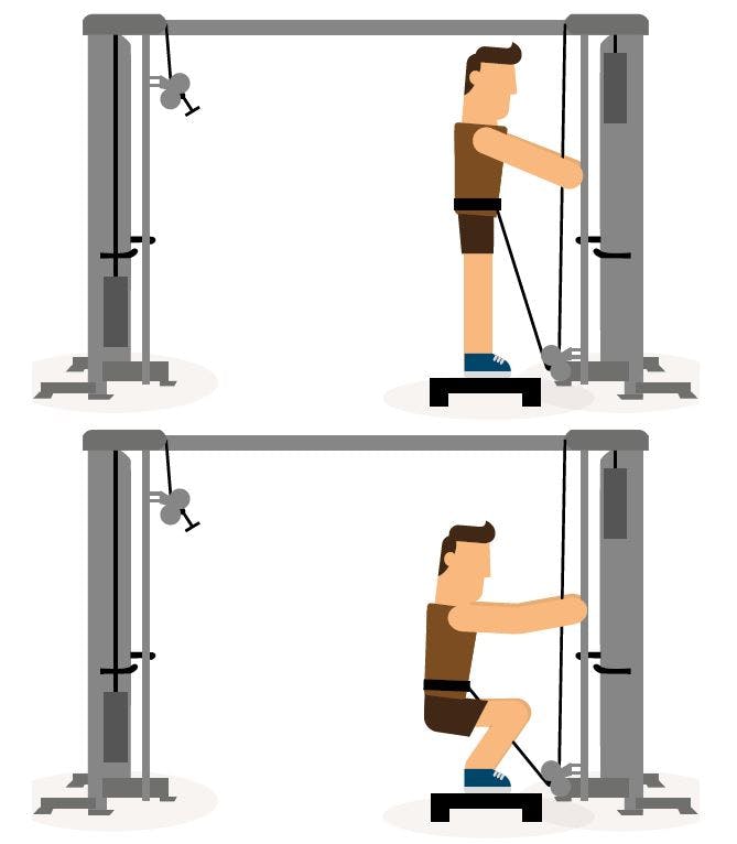 Teckning av person som gör belt squat i kabelmaskin.