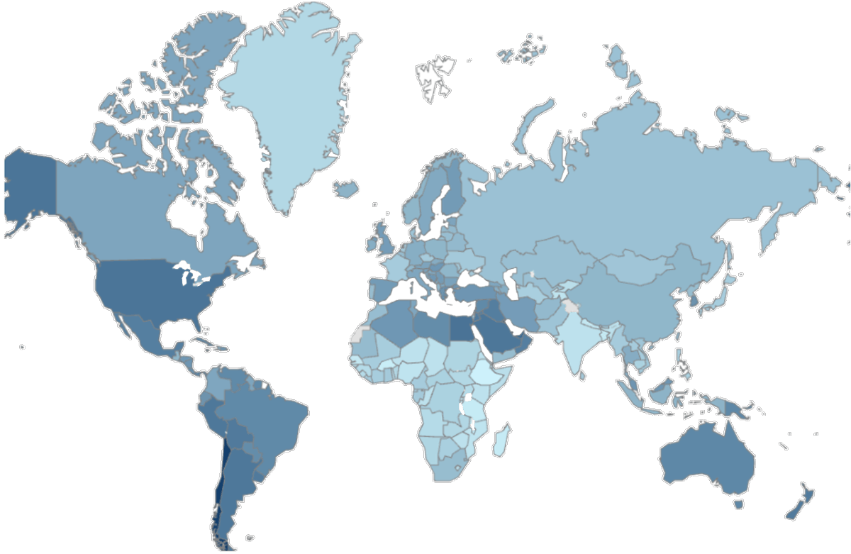 Verdenskart som viser andelen overvektige barn i ulike land rundt om i verden. Jo mørkere blått, desto høyere er andelen overvektige. BMI barn