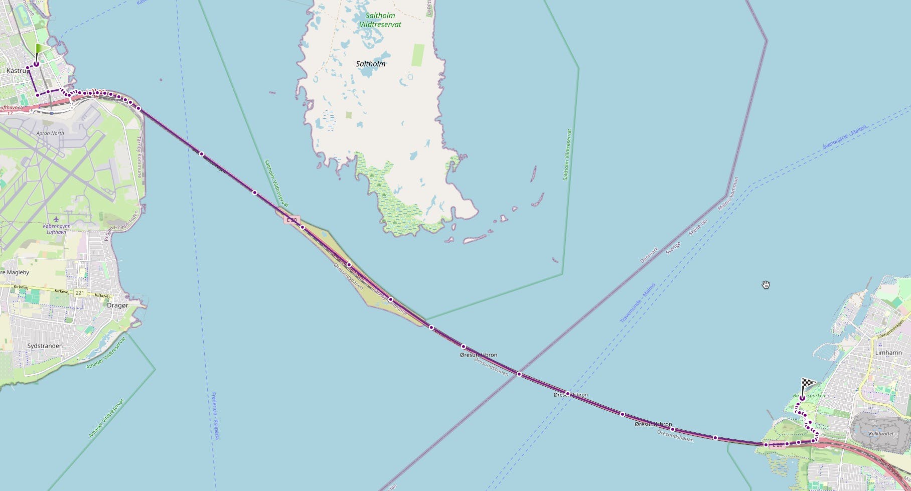 Ruten til broløbet 2025 over Øresund den 15. juni – her tegnet i Ruteplanneren.