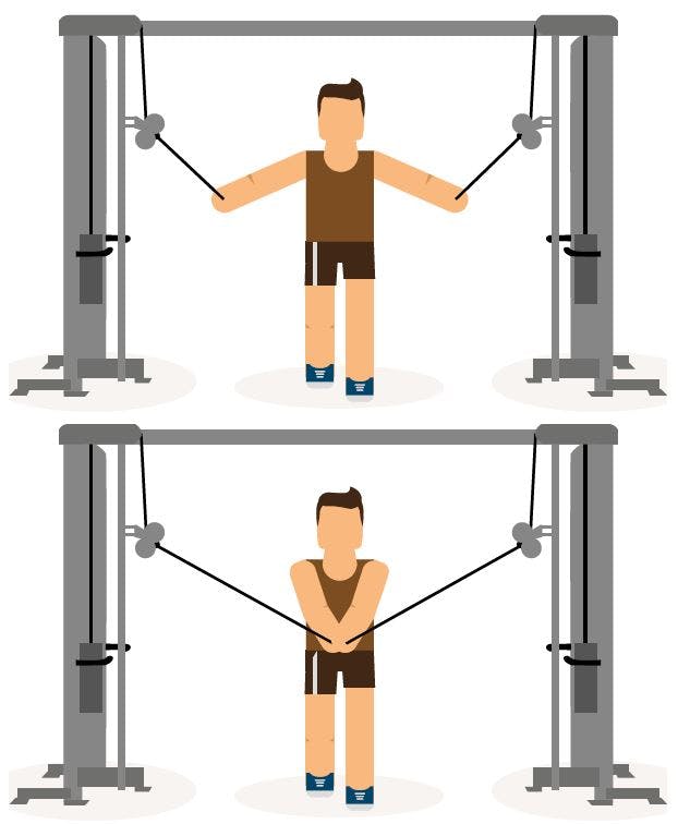 Illustrasjon av kabeltrening. Person trener flyes med kabler.