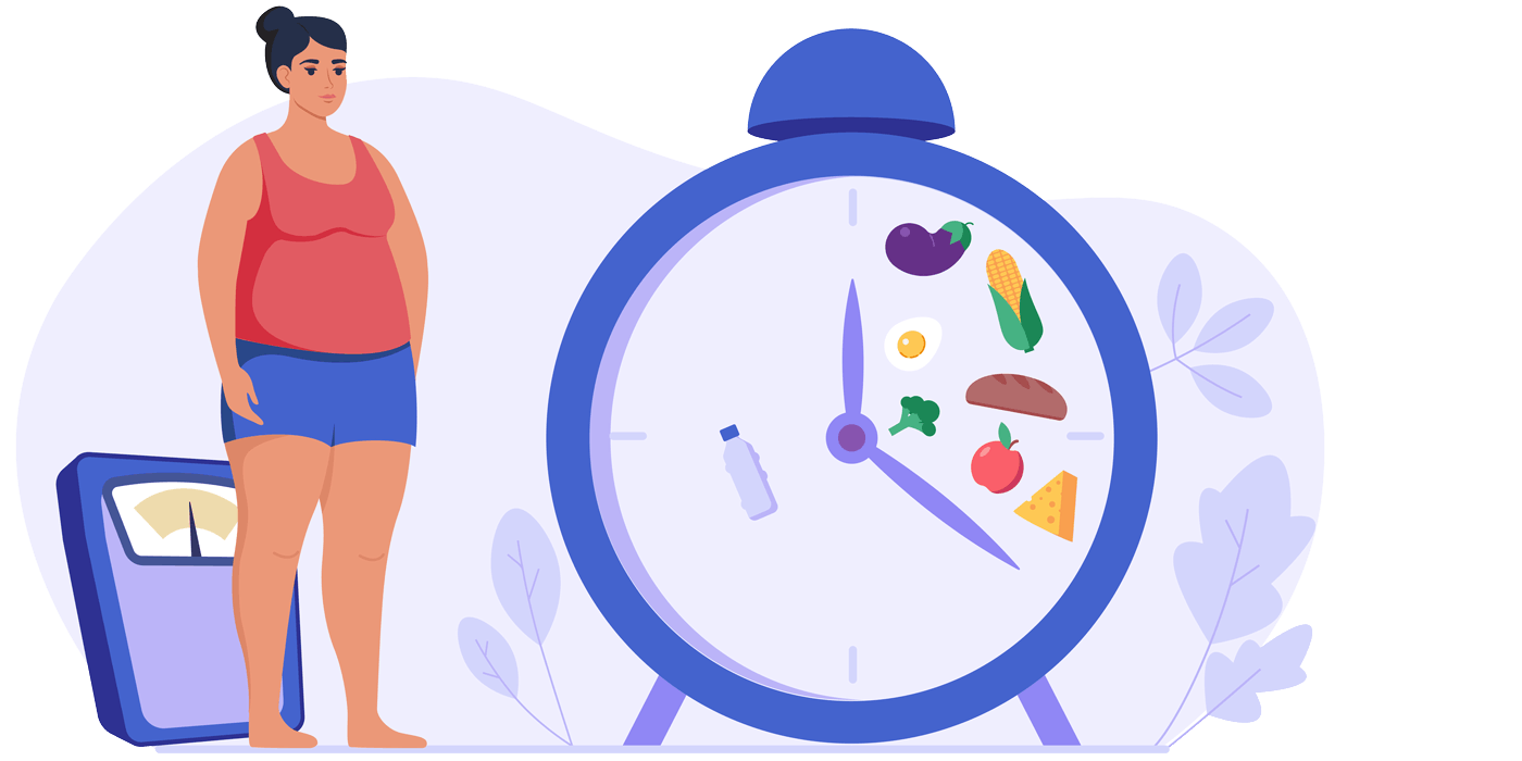 Hvordan går man raskt ned? Grafikk av kvinne, vekt og klokke – periodisk faste