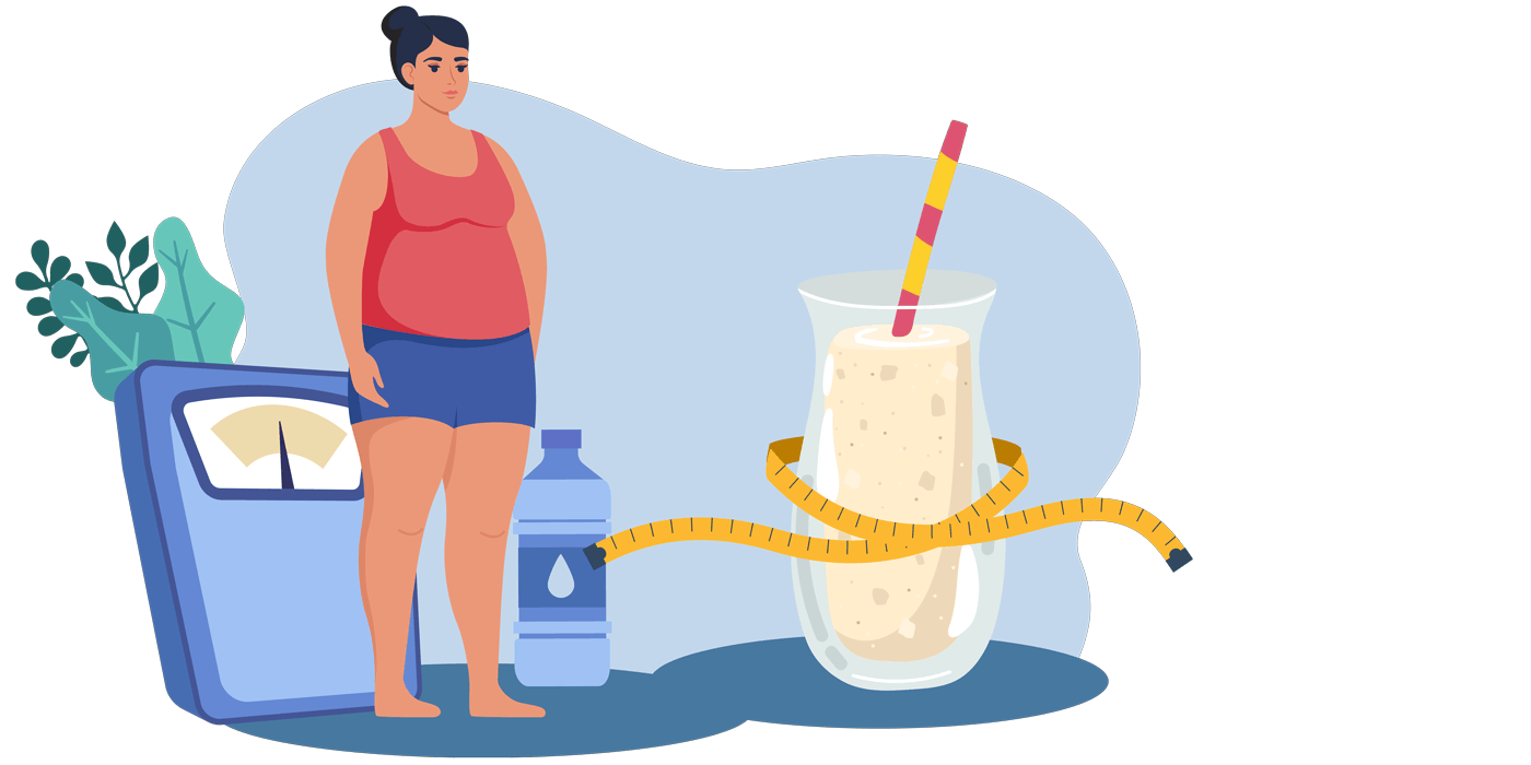 Hur går man ner i vikt snabbt? Grafik av kvinna, vikt och pulvershake - pulverdiet