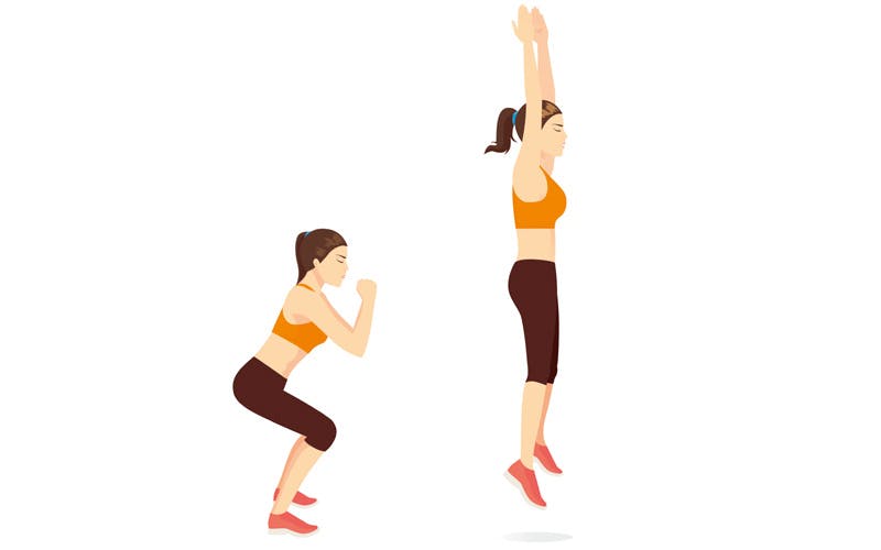 Kuvituskuva kyykkyhyppyä tekevästä naisesta