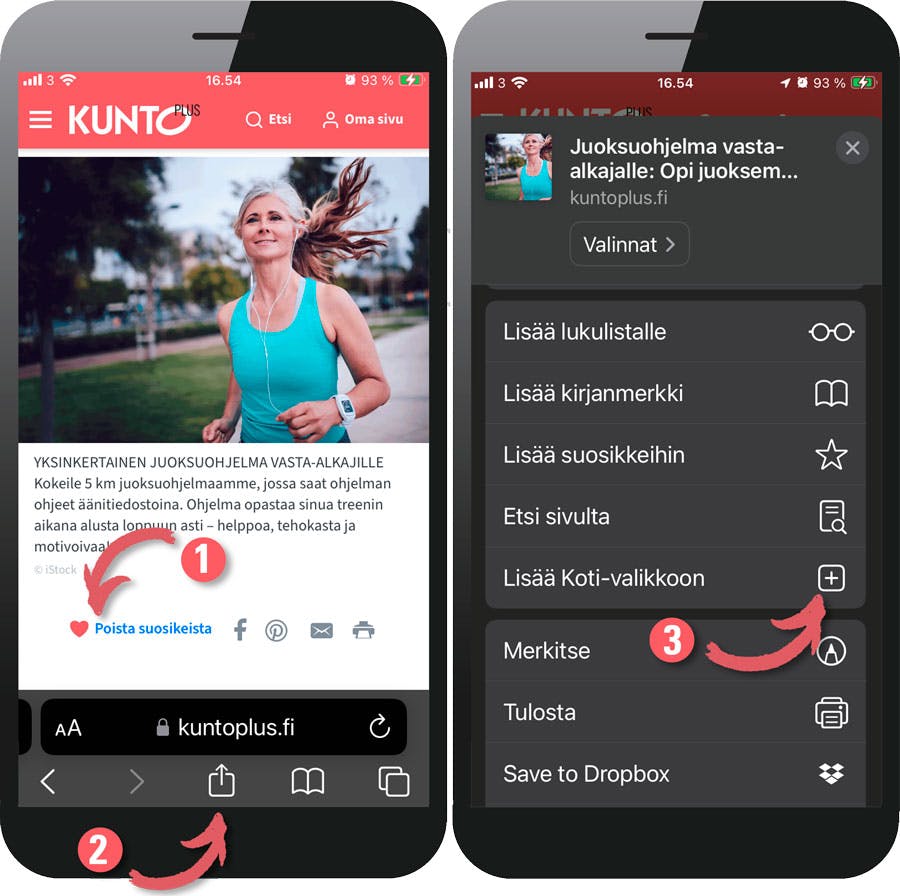 Luo juoksuohjelmallesi pikakuvake puhelimeesi – tai lisää se suosikkeihisi. Tässä ohje iPhonen Safarille.