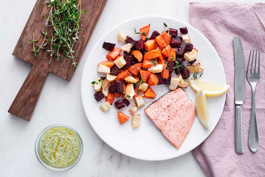 Kostplan, middag – Lax med bakade rotfrukter