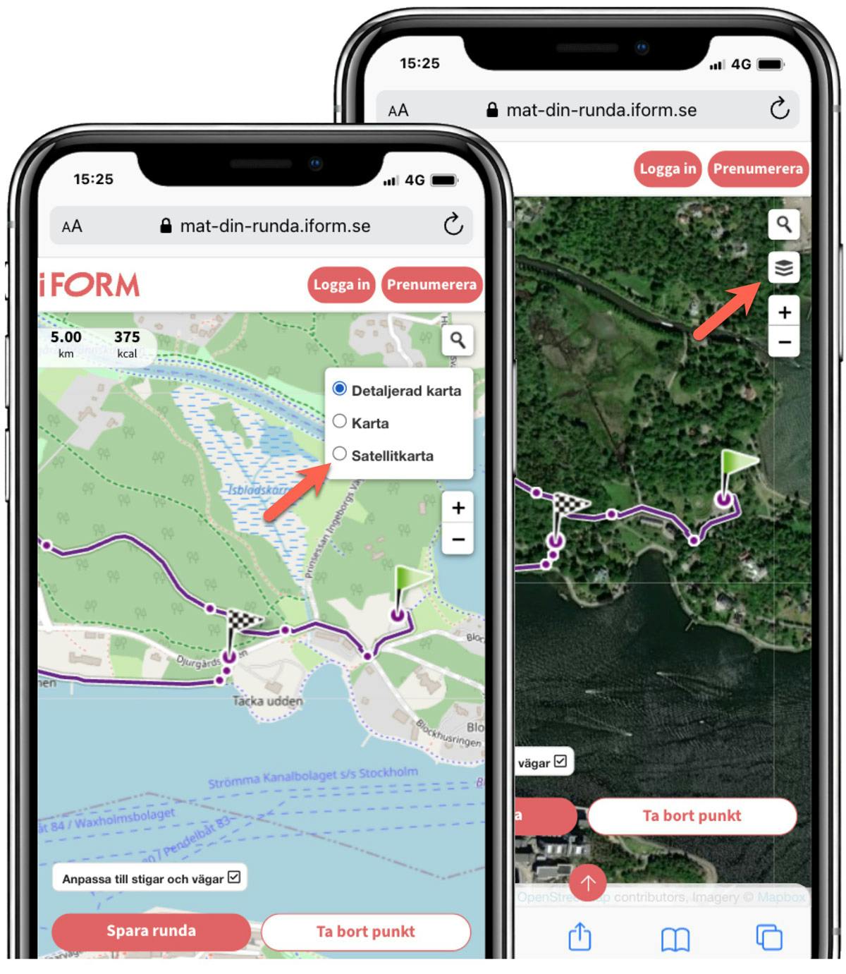 Ändra ruttplanerare från detaljerad karta till satellitkarta