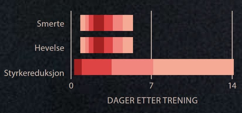 Diagram over smerte, hevelse og muskelsvekkelse etter endt trening