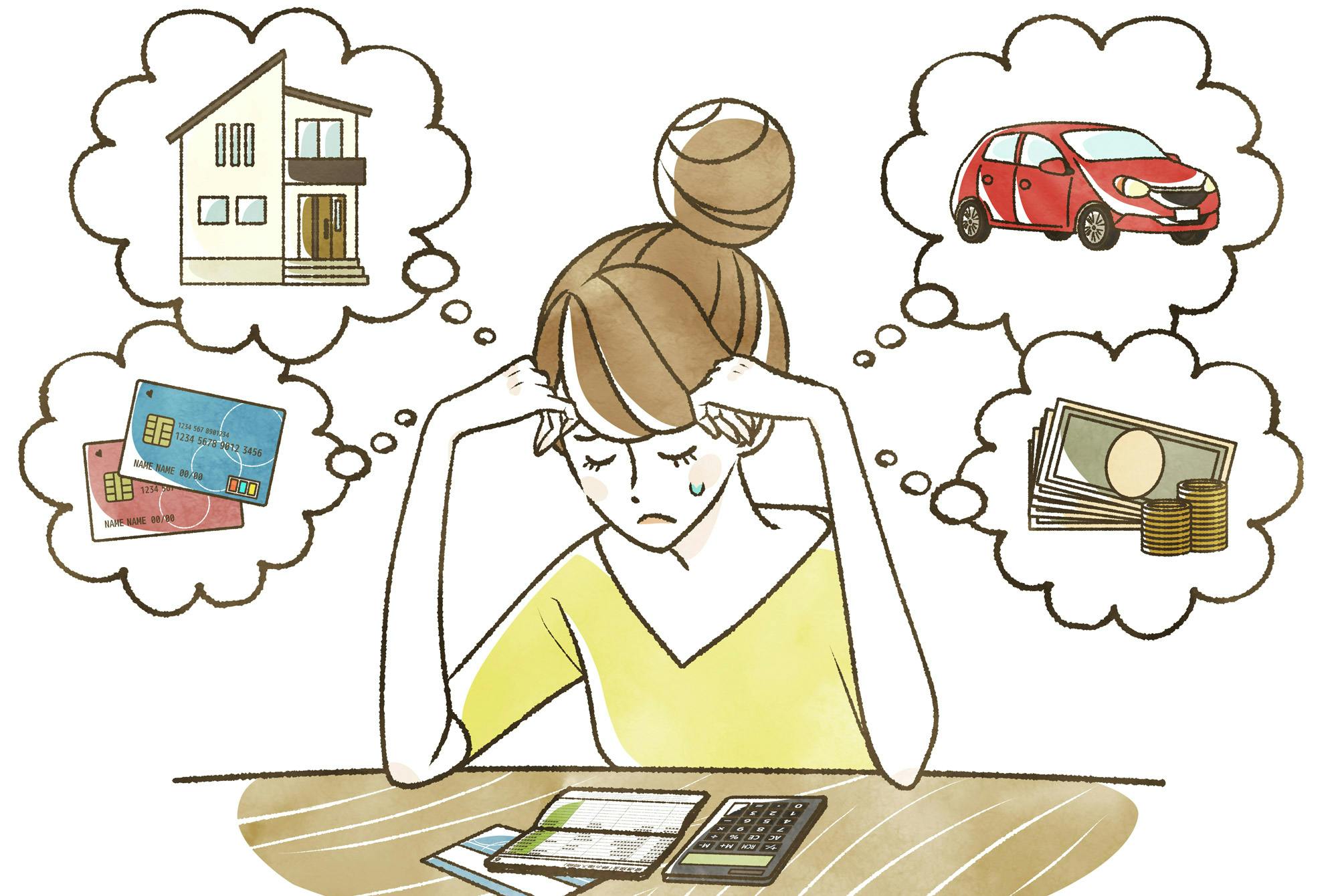 Piirroskuva naisesta, joka murehtii taloustilannettaan.