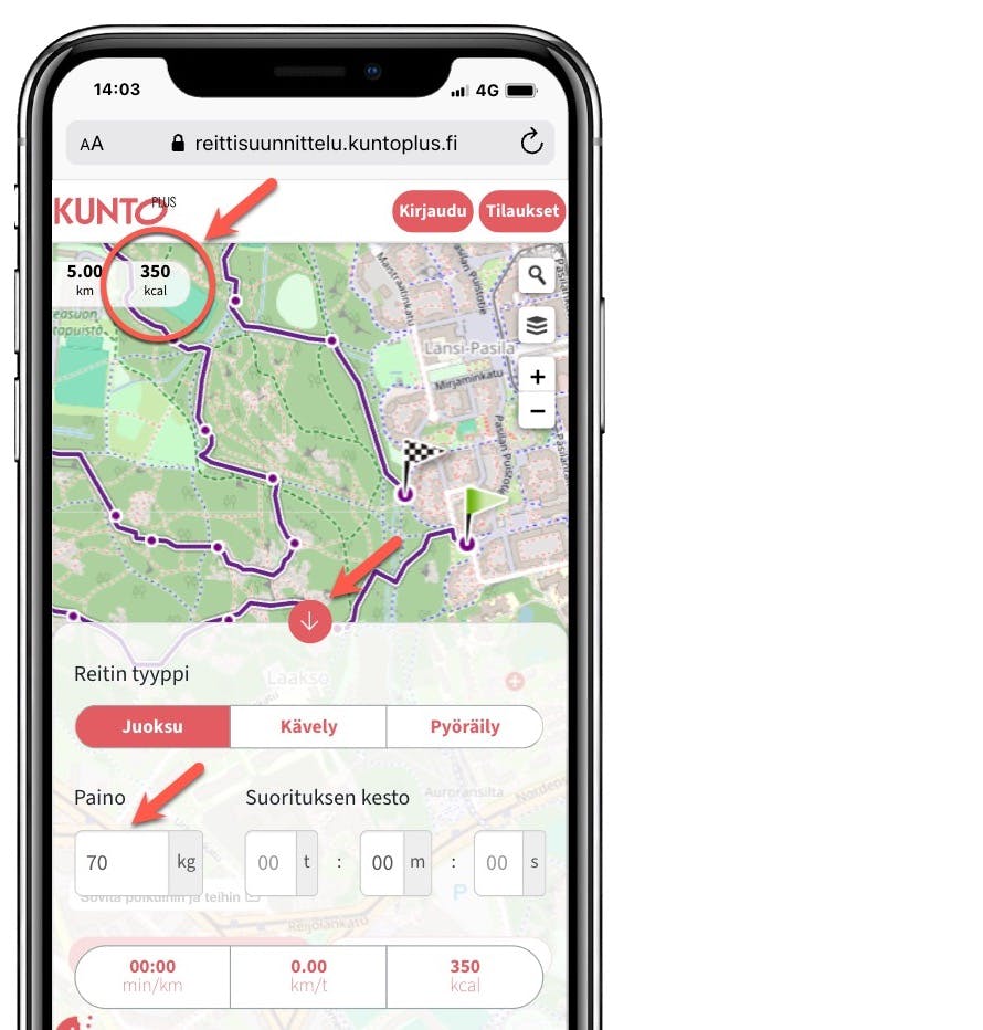 Näin näet reitillä kuluvan kalorimäärän KUNTO PLUSsan reittisuunnittelussa