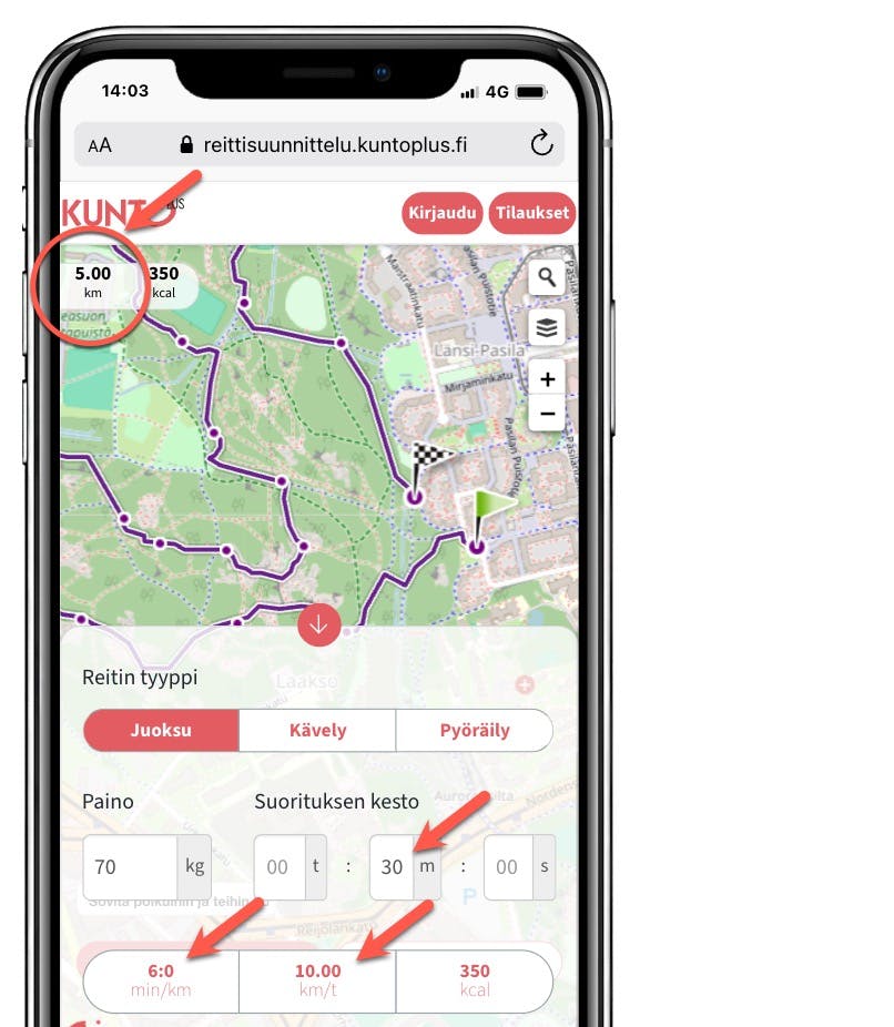 Näin näet reittisuunnitelussa keskinopeutesi ja vauhtisi.