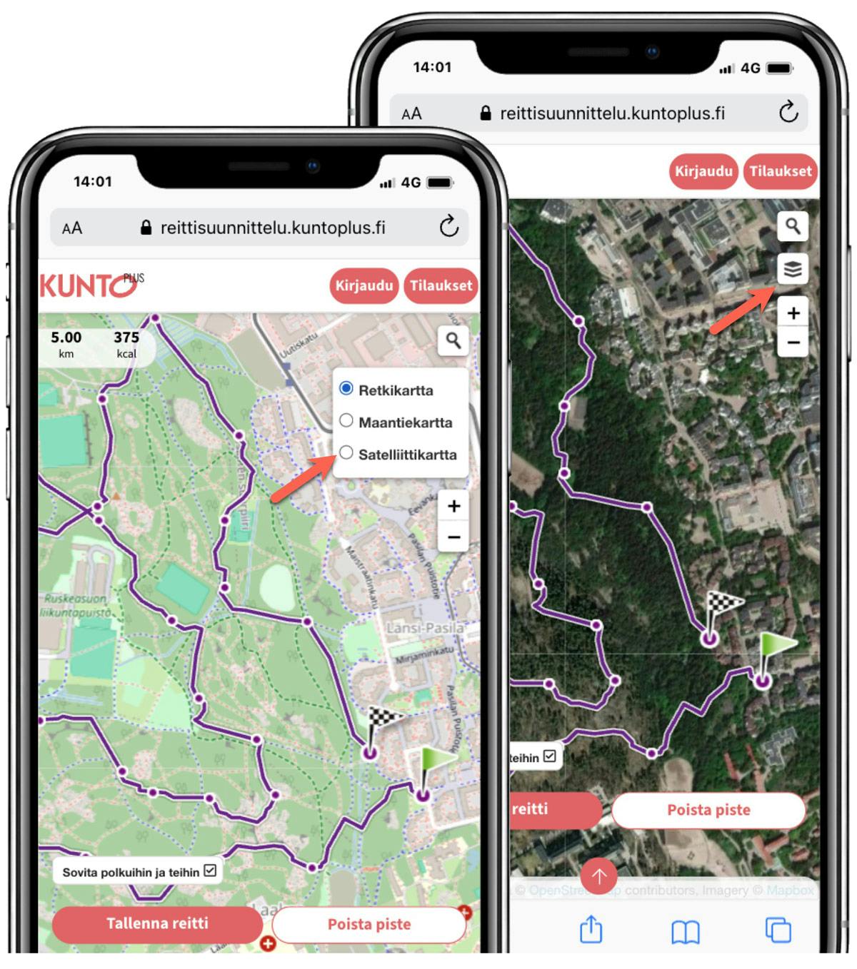 Vaihda reittisuunnittelun kartta reittikartasta satelliittikartaksi