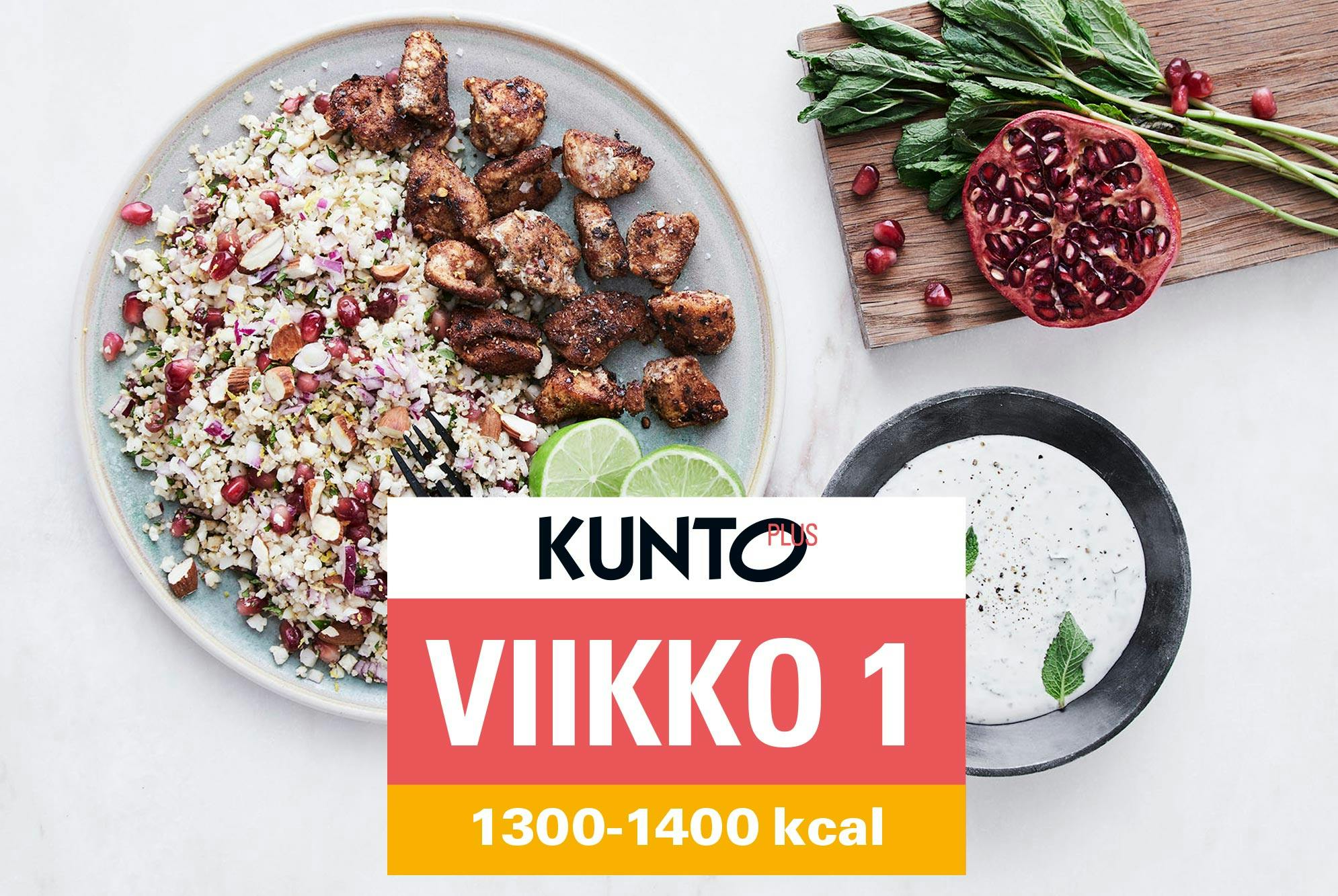 Ruokavalio 1300–1400 kcal, viikko 1 – kanaa ja kukkakaali-kuskussalaattia