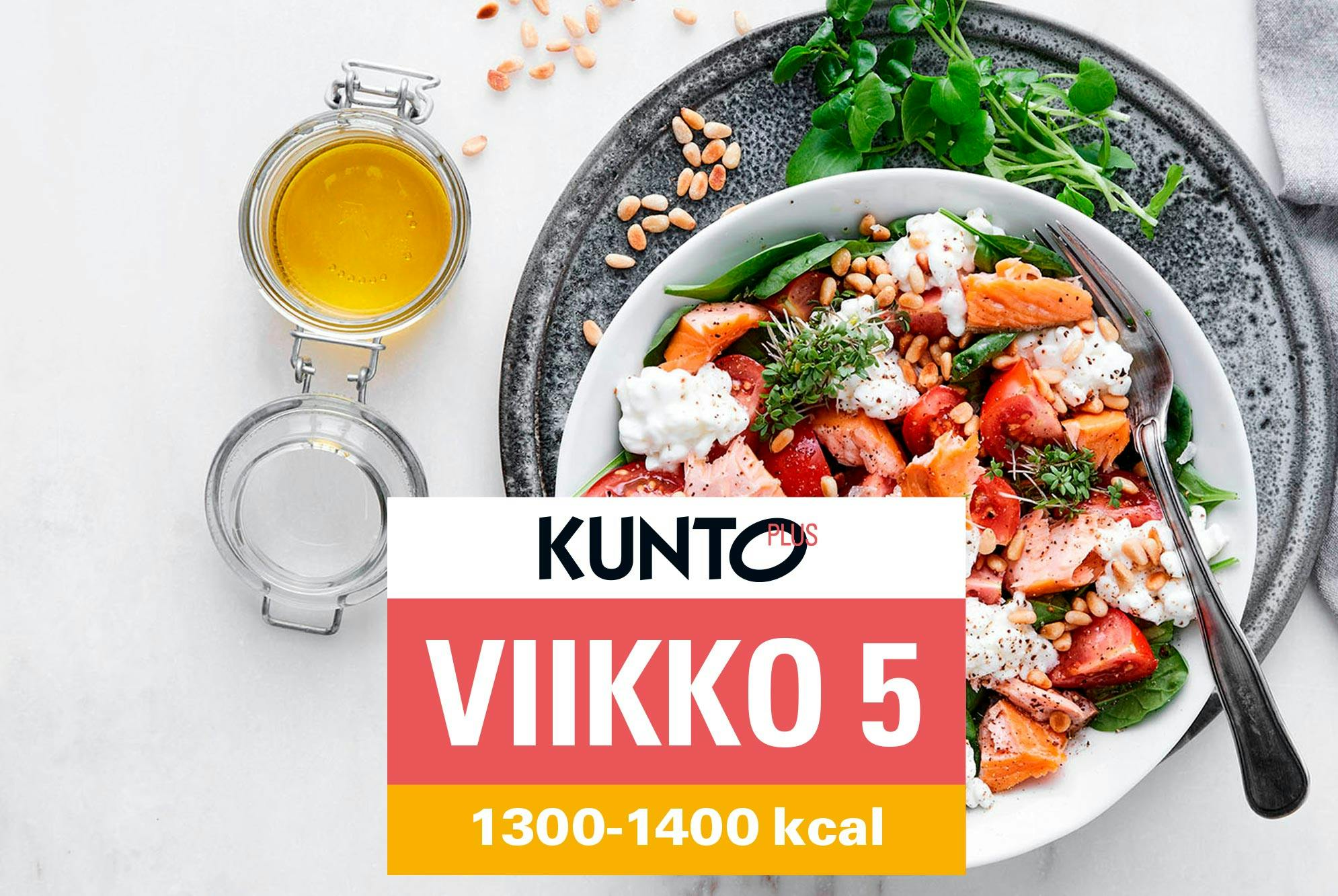 Ruokavalio 1300–1400 kcal, viikko 5 – pinaattisalaatti ja savulohta