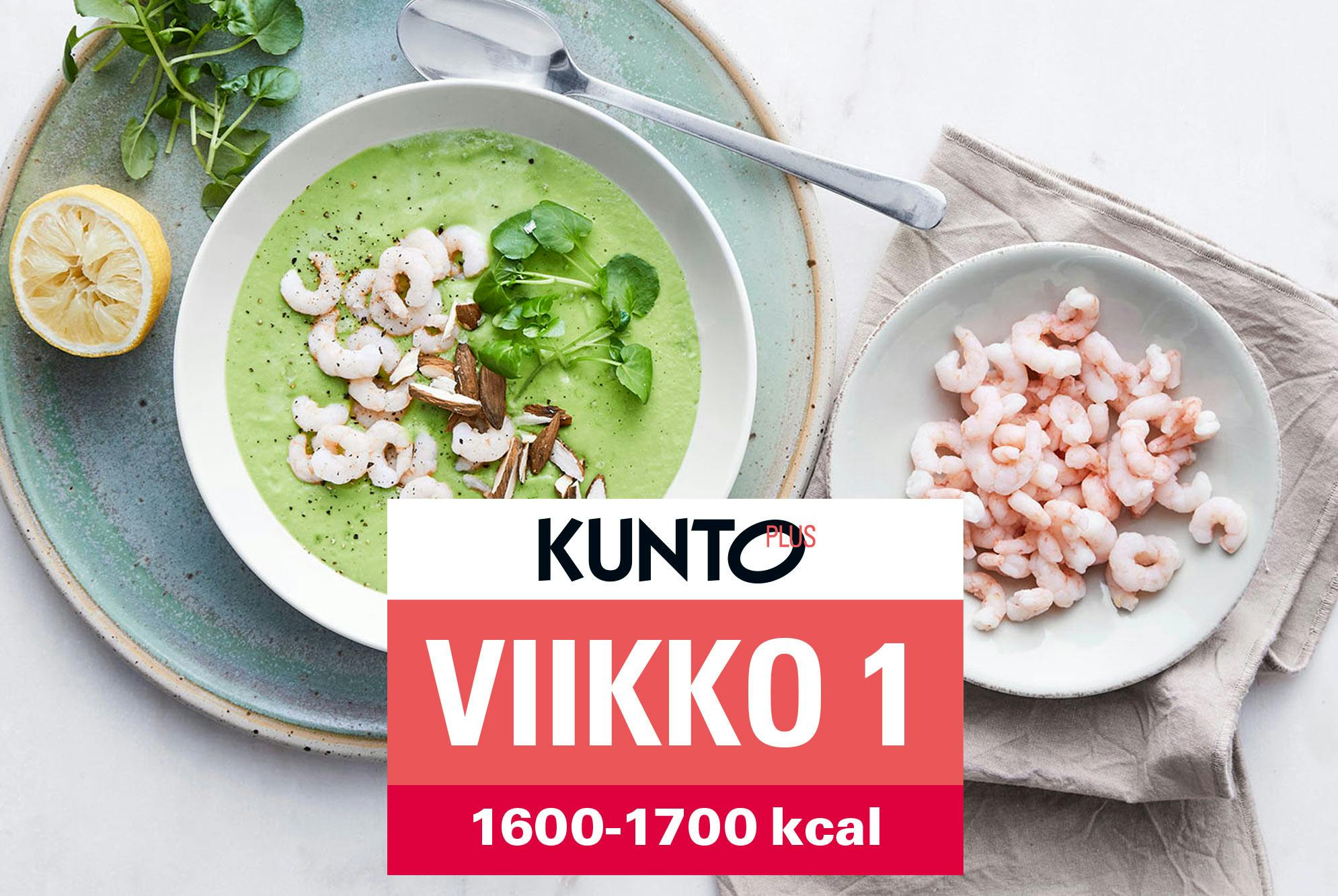 Ruokavalio 1600–1700 kcal, viikko1 – Hernesosekeitto ja katkarapuja