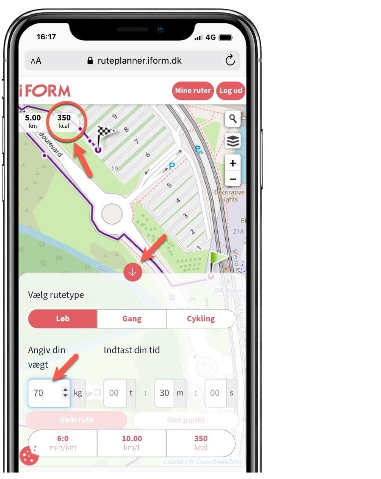 Sådan tjekker du kalorieforbrænding i I FORMs ruteplanner