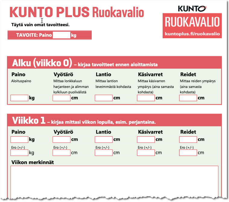 Ote KUNTO PLUS Ruokavalion seurantalomakkeesta