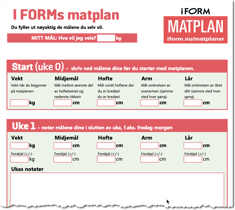 Utsnitt av skjema for I FORMs kostplaner