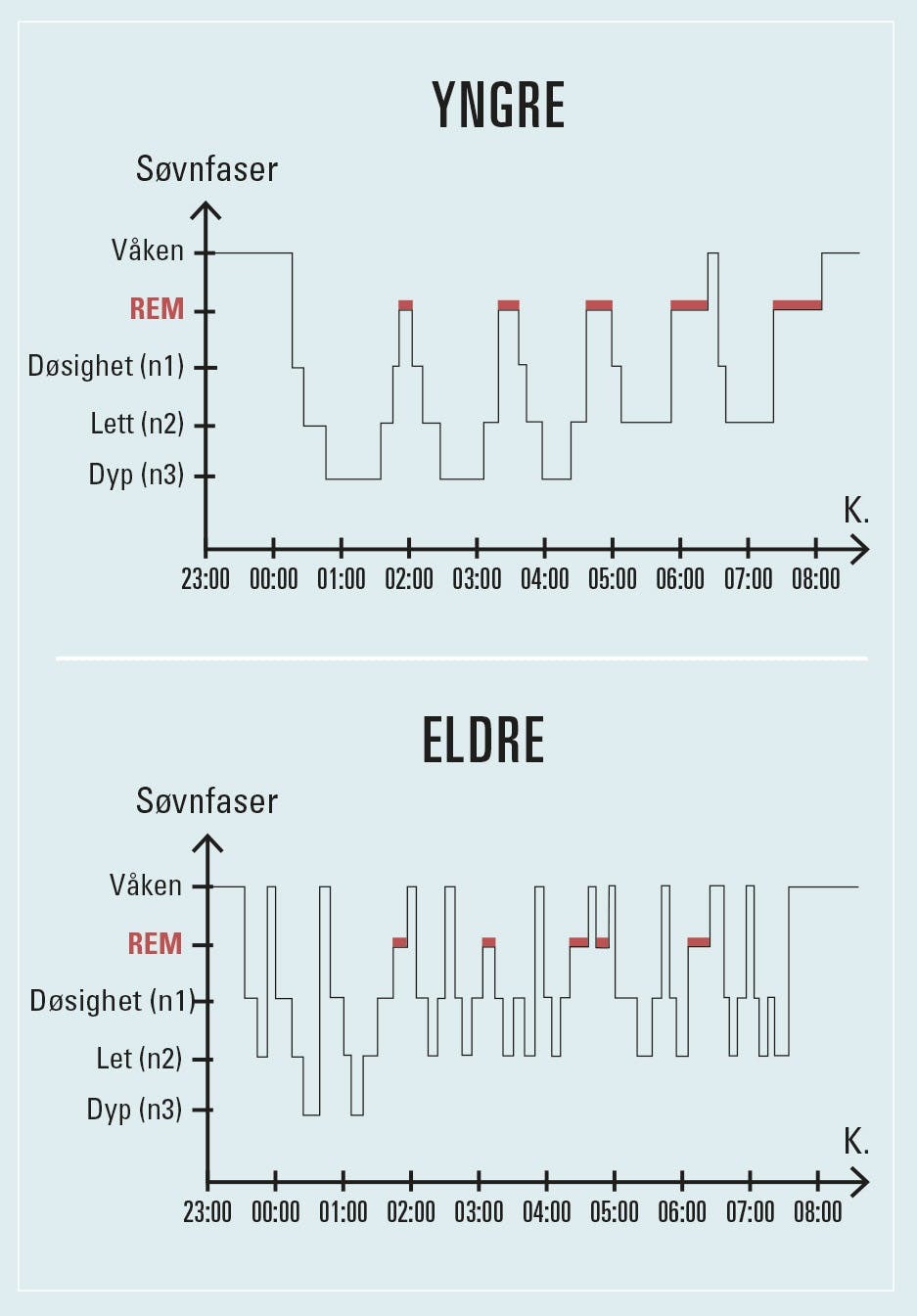 Grafisk - søvnmønsteret til en ung voksen og en eldre person. Den eldre personen får mindre dyp søvn og flere oppvåkninger