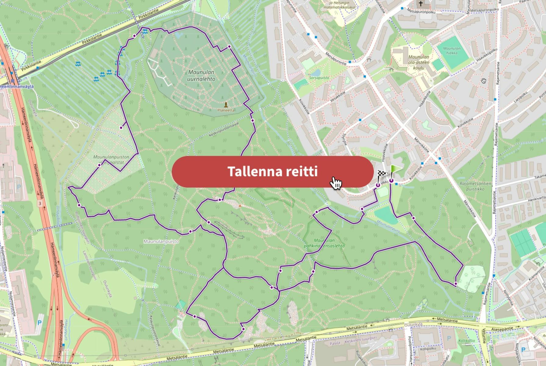 Reitin tallennuspainike Reittisuunnittelussa.