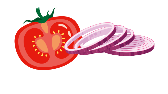 Tomaatti-sipulisalaatin ainekset