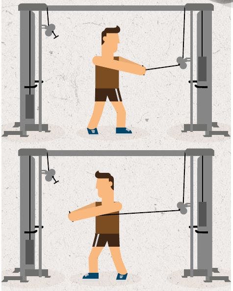 Illustrasjon av person som trener wood­chops med kabler.