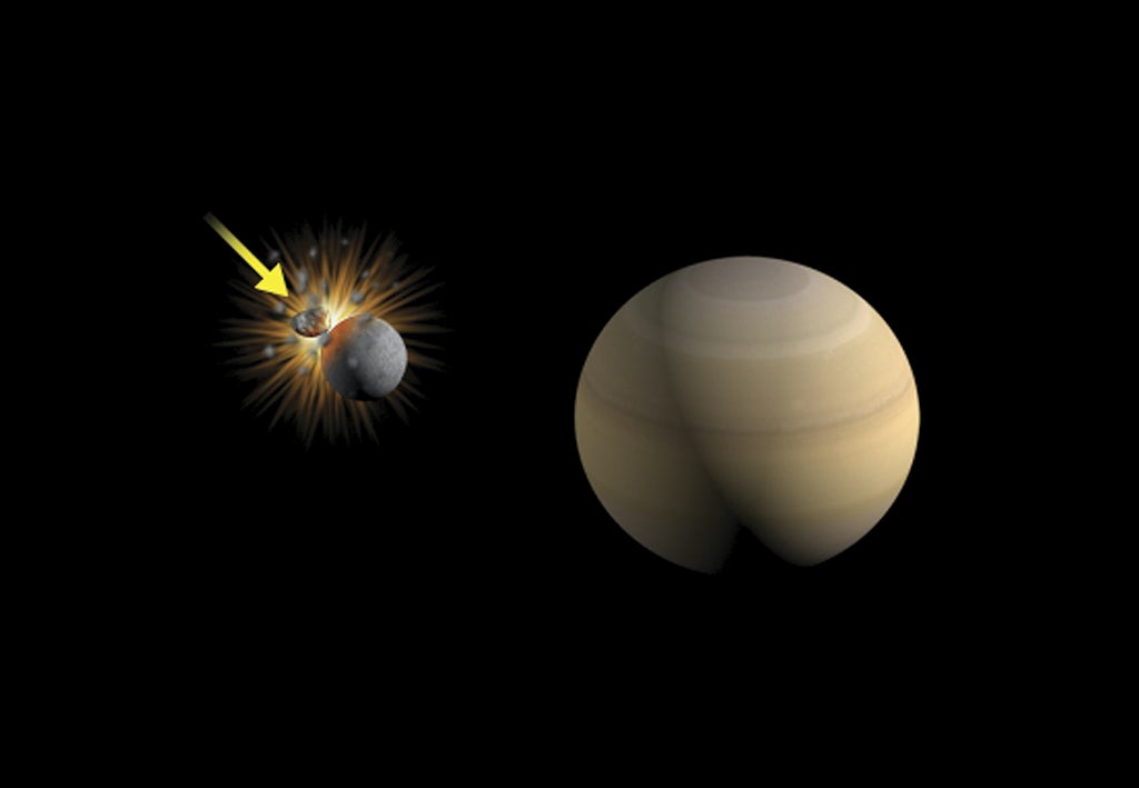 Saturns måne ramt af komet, illustration. Saturns måne ramt af komet, illustration.