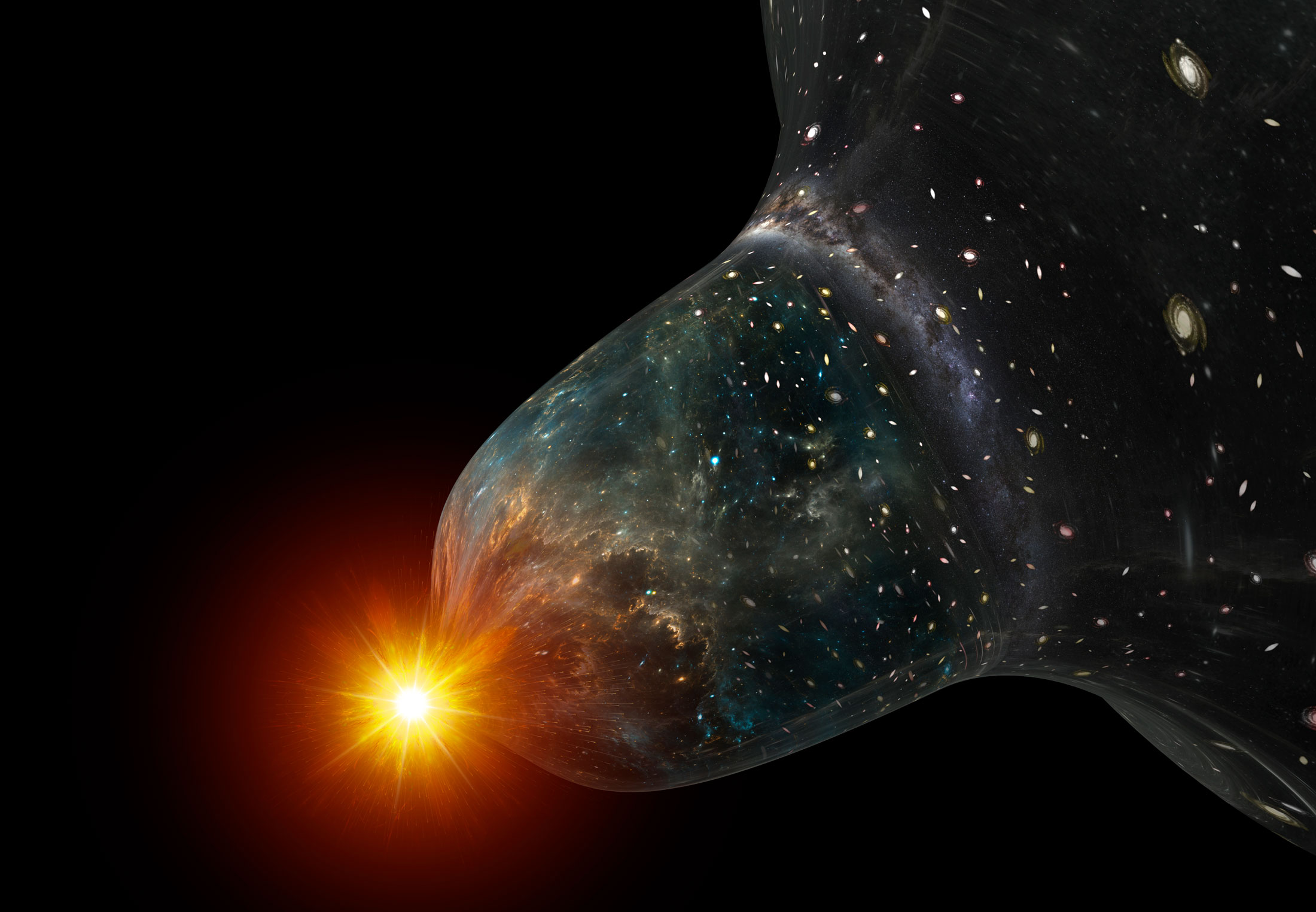 Afbeelding van de oerknal en de uitdijing van het heelal