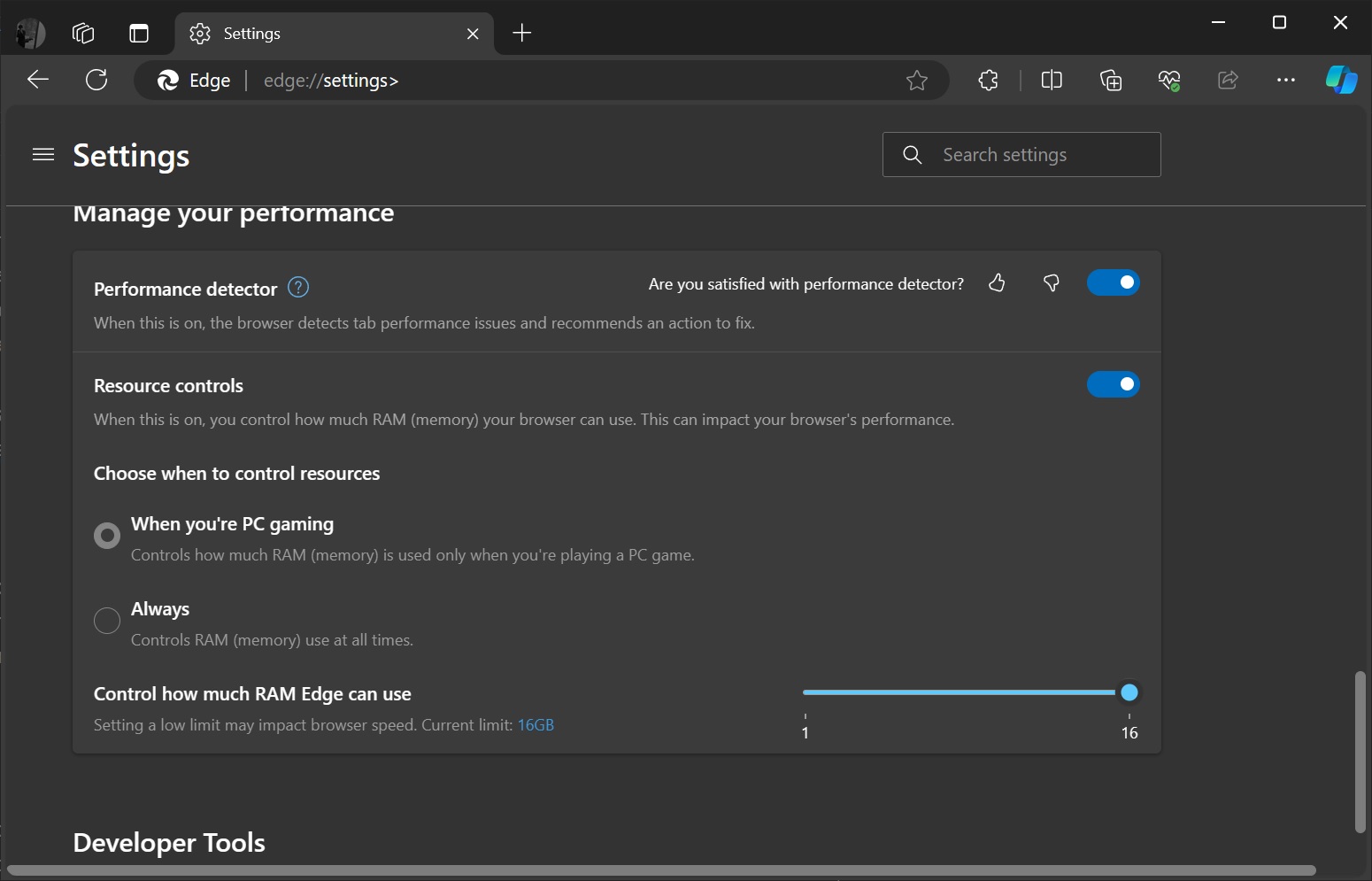 Ange en maxgräns för Edges minnesanvändning