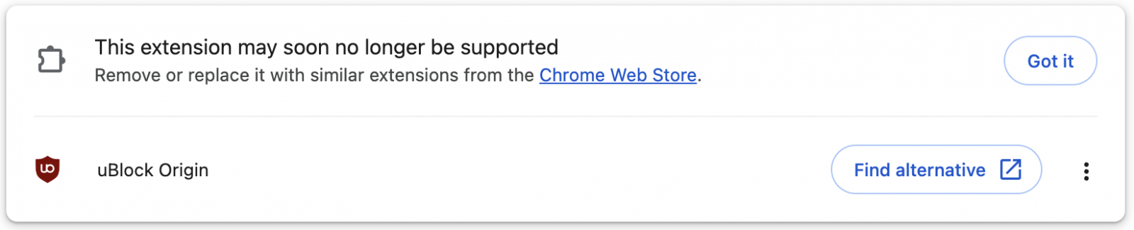 När du kontrollerar dina tillägg i Chrome kan du omedelbart se om tillägget riskerar att stängas av. På samma ställe kan du också hitta ett bra alternativ till tillägget. Här visas det i en engelsk version av Chrome.