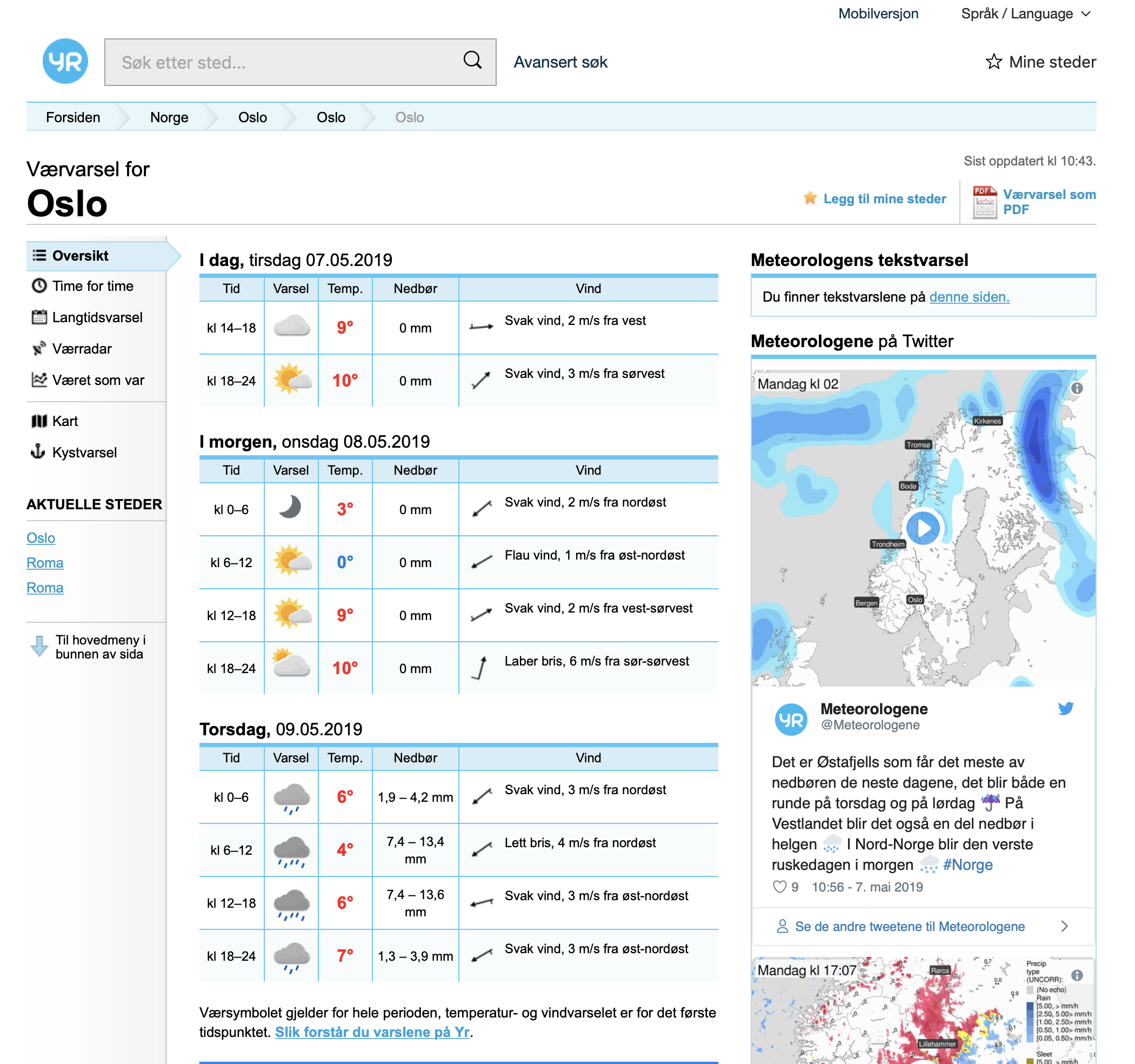 yr.no værapp og hjemmeside