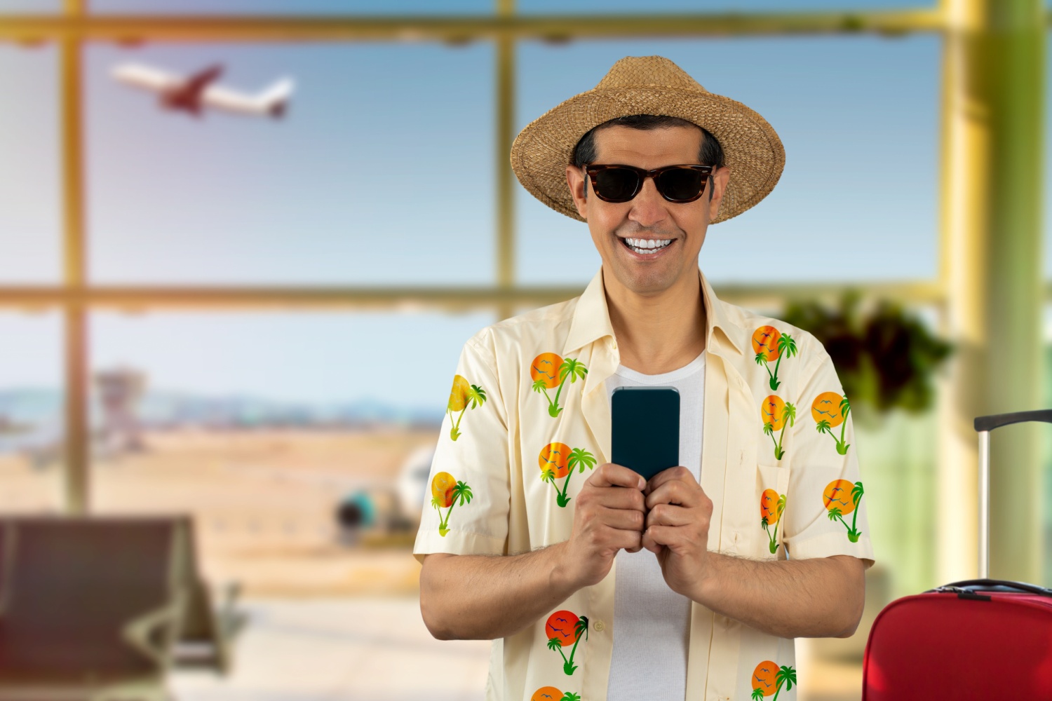 Turist med mobiltelefon på flygplats.