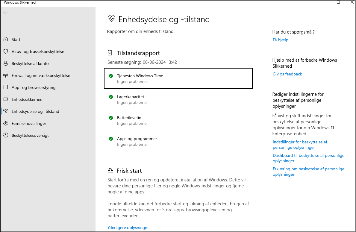 Under enhedsydelse og -tilstand kan du se, om pc'en har problemer.