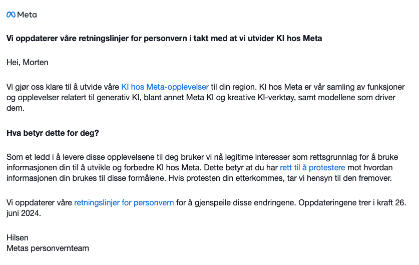 E-post fra Facebook om Meta KI