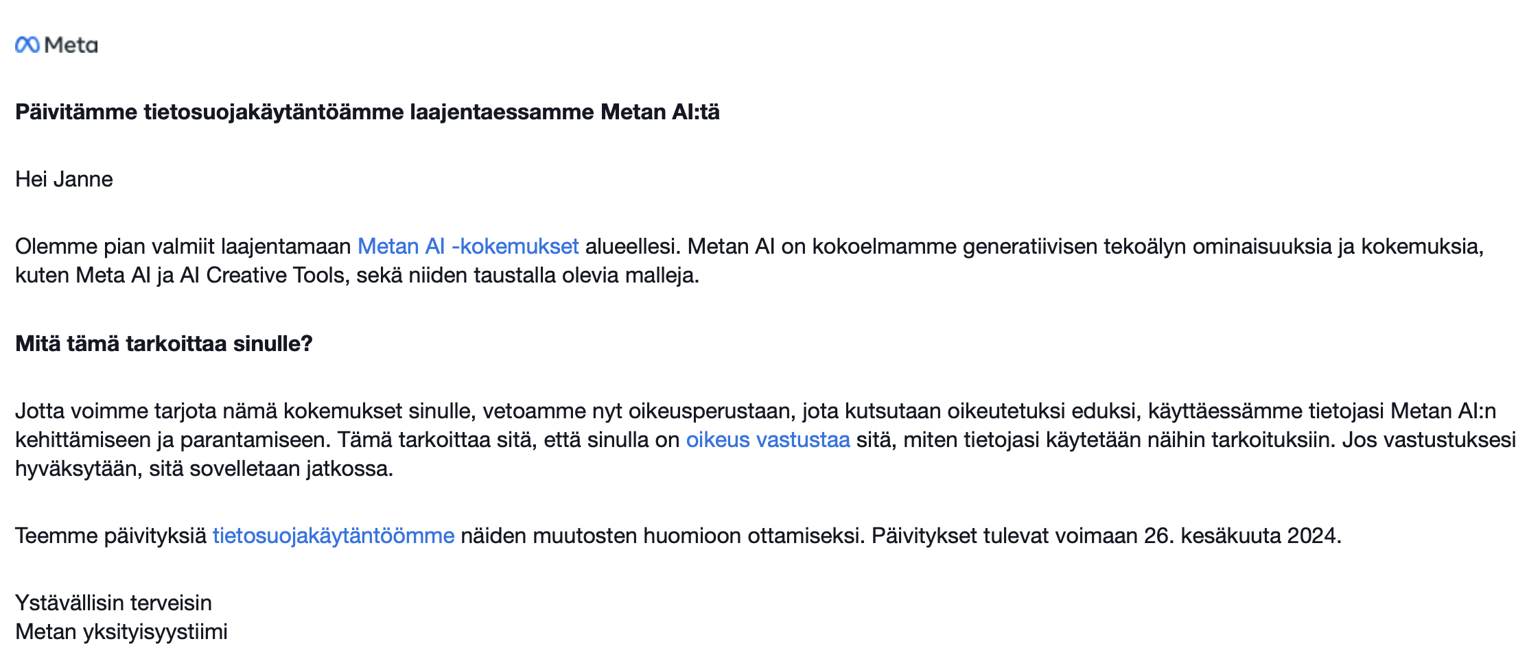 Facebookin sähköposti Meta AI:sta
