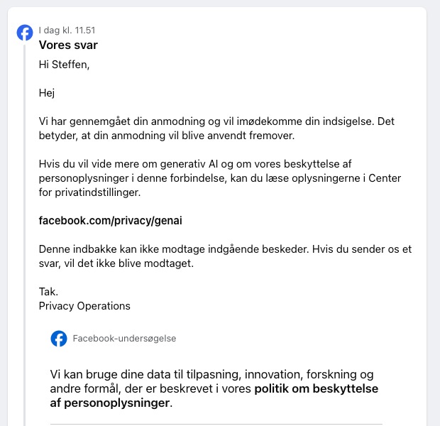 Facebook imødekommer din indsigelse.