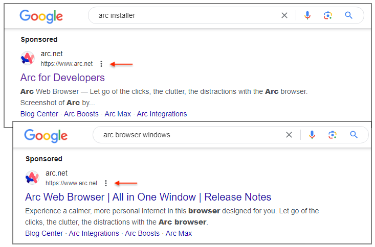 Falske Google-annoncer for arc browser