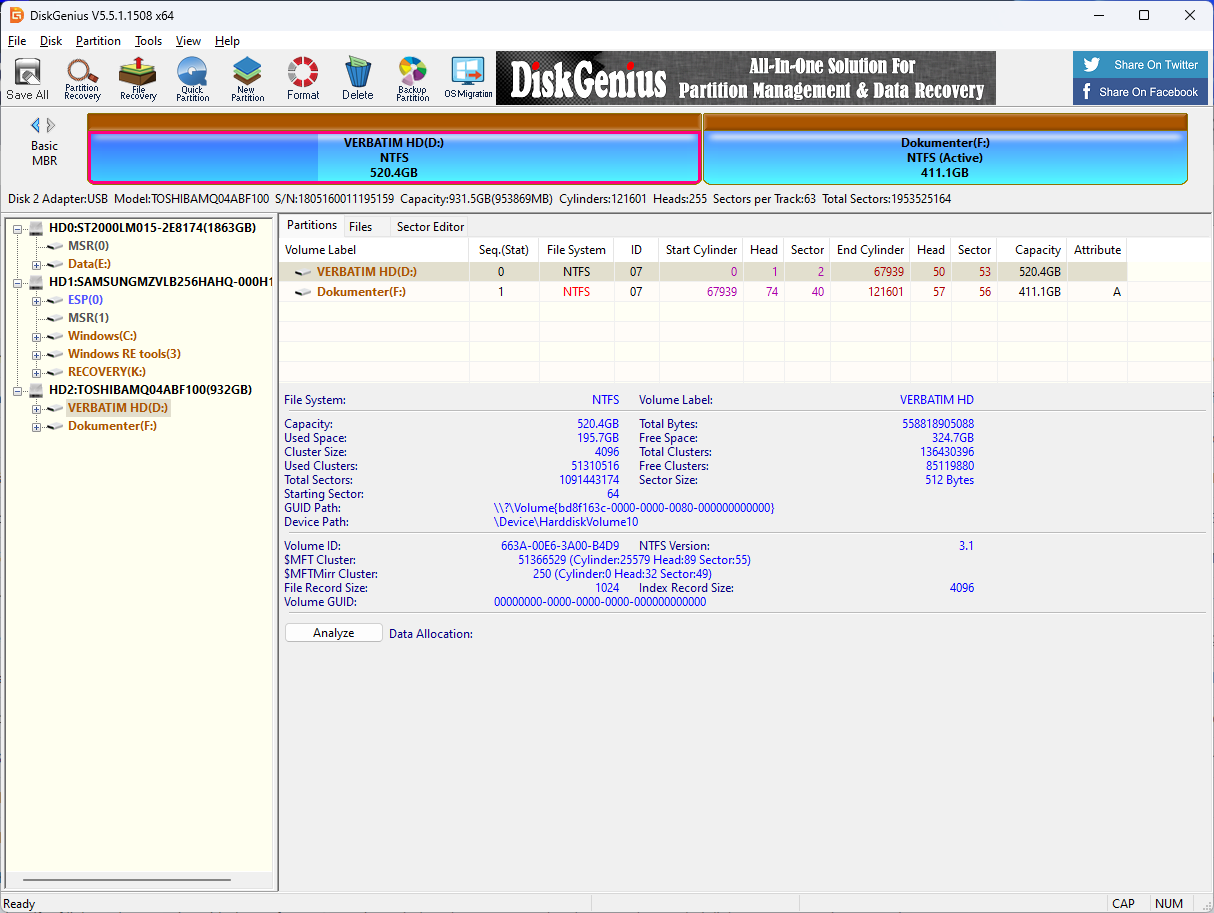 Valitse sovelluksen vasemmalla puolella levy tai osio, jonka haluat tarkistaa virheiden varalta.