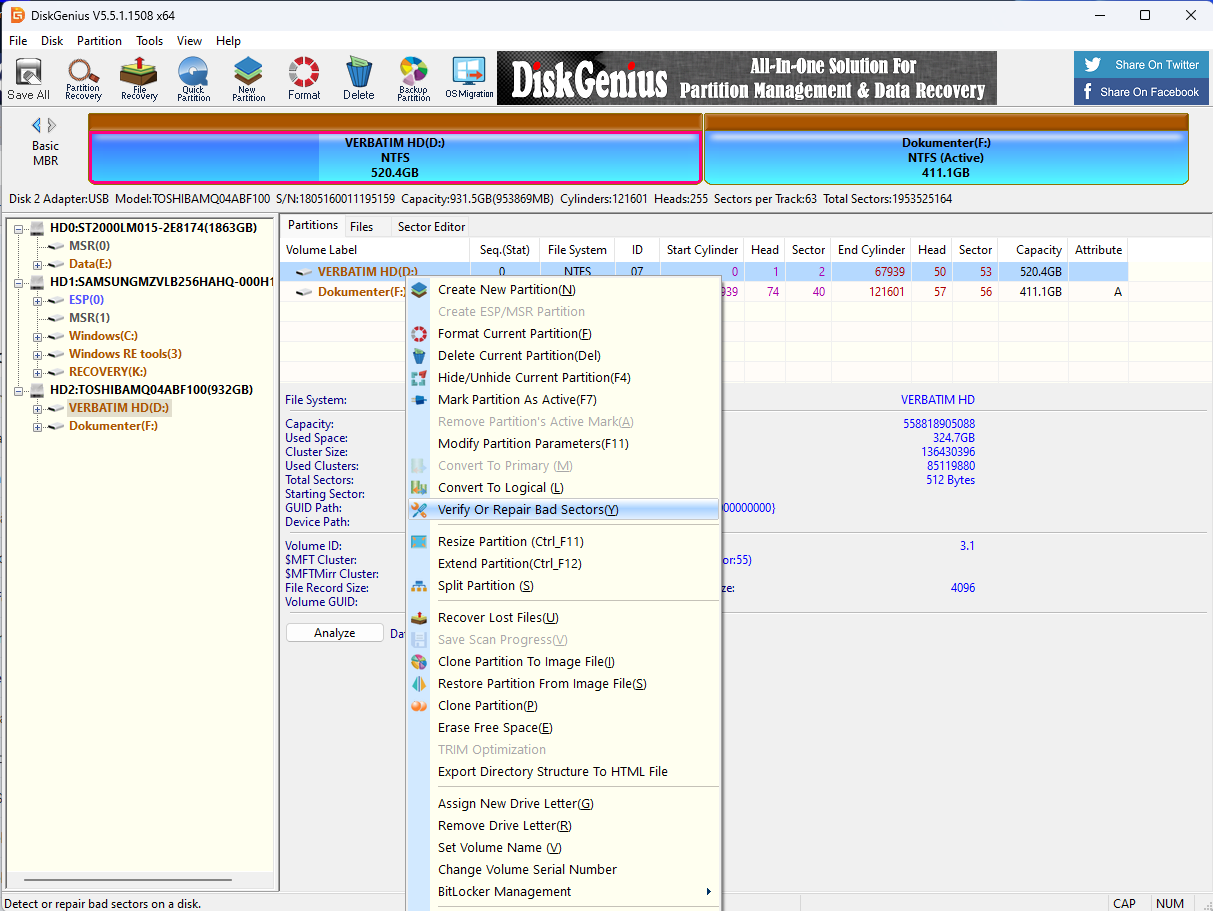 Napsauta sitten hiiren kakkospainikkeella levyosiota pääikkunassa ja valitse Verify Or Repair Bad Sectors.