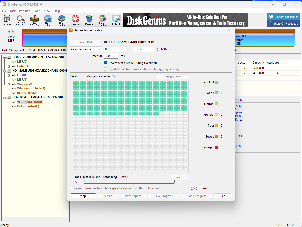 Skannaus on alkamassa. Vihertävät värit tarkoittavat, että levy on terve ja virheetön. Anna ohjelman jatkaa työskentelyä.