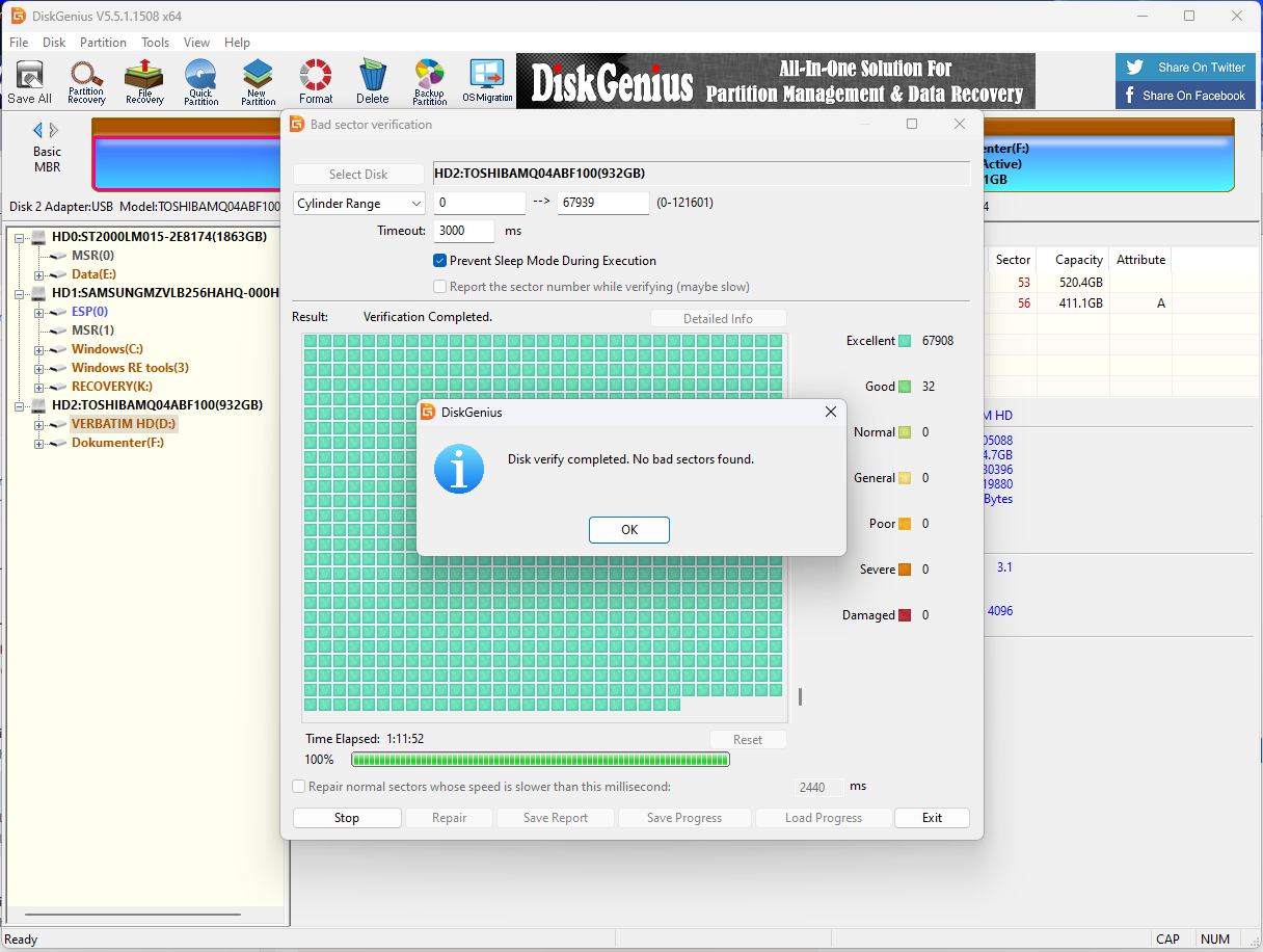 Lopulta näet tarkistuksen tuloksen. Jos virheitä ei näy, voit yksinkertaisesti valita OK. Mikäli sinulle ilmoitetaan virheistä, korjaa virheet valitsemalla Repais.