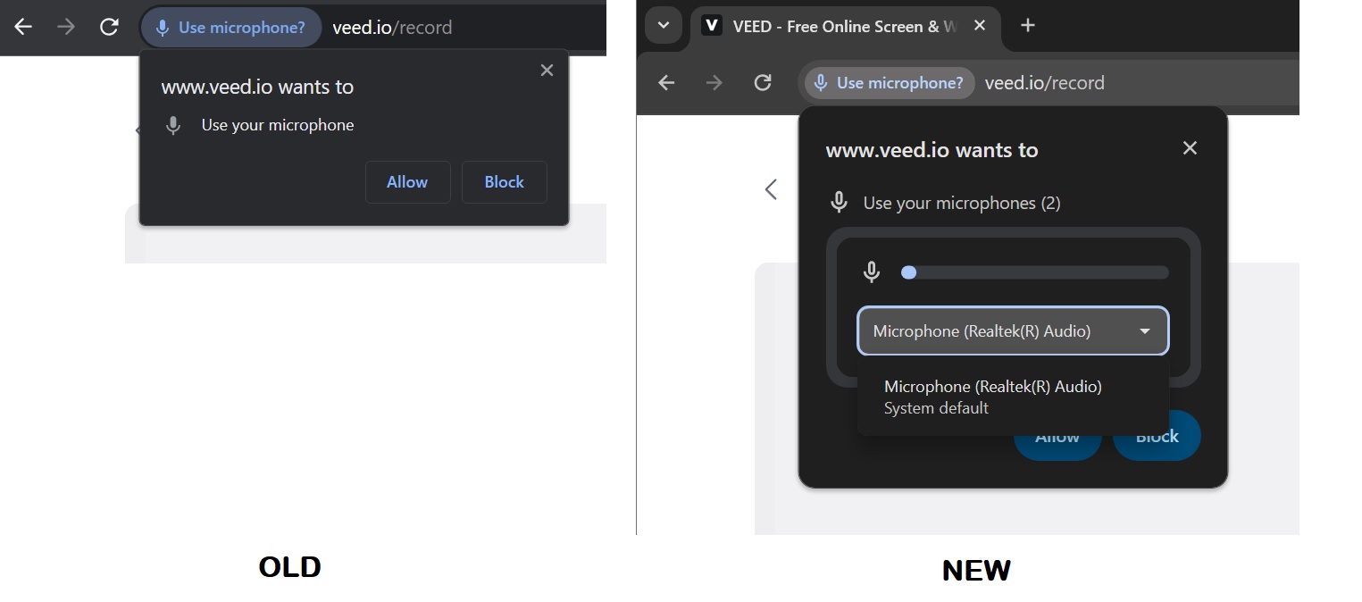 På samma sätt är det nu också svårare att missa när webbplatser försöker få åtkomst till datorns mikrofon. Till höger visas den nya begäran om användning av mikrofonen.