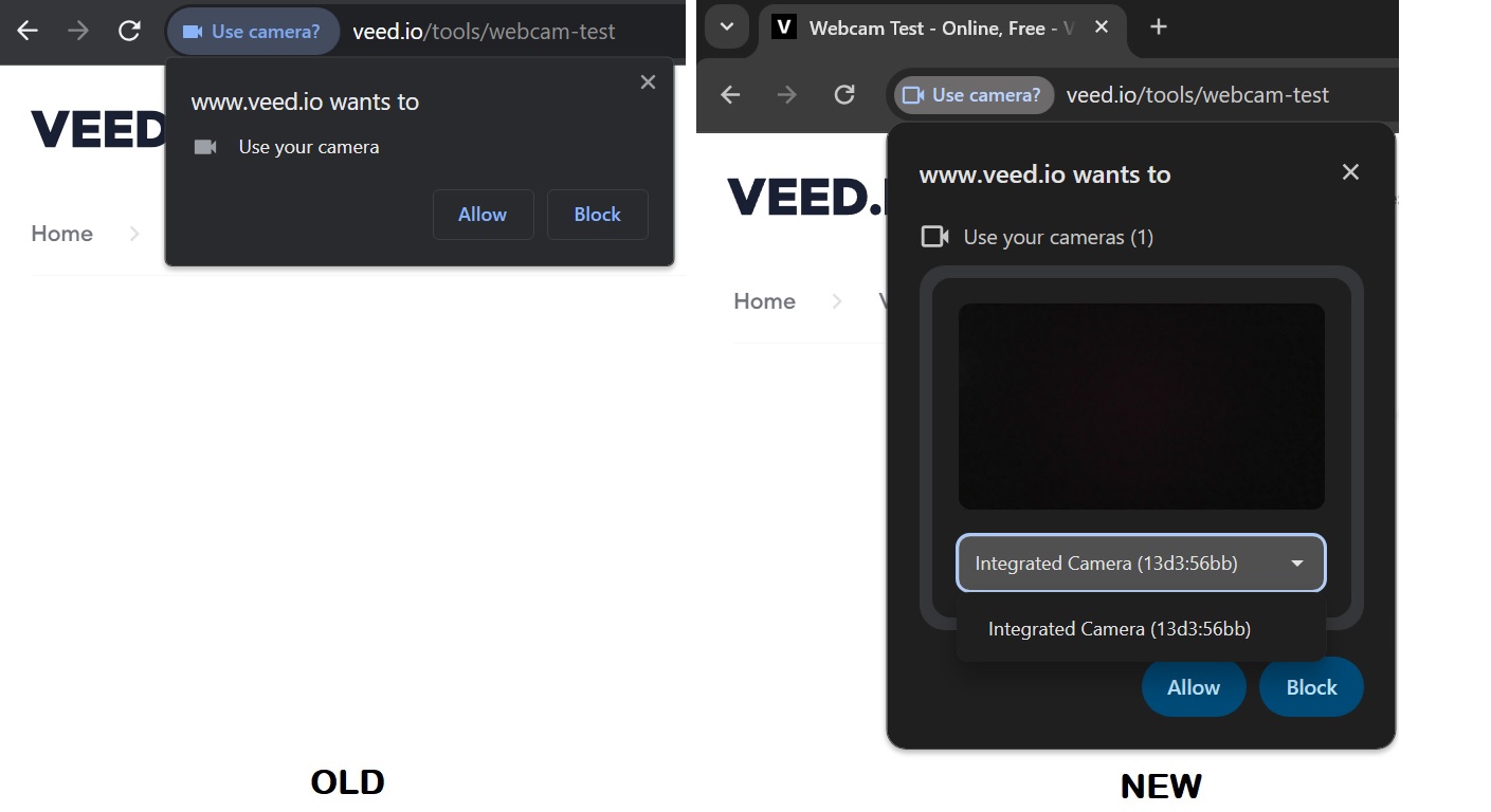 Vasemmalla on aiempi pyyntö saada käyttää tietokoneen verkkokameraa, ja oikealla on uusi versio, jossa näet kameraikkunan esikatselun ennen kuin estät tai sallit tietyn verkkosivuston kameran käytön.