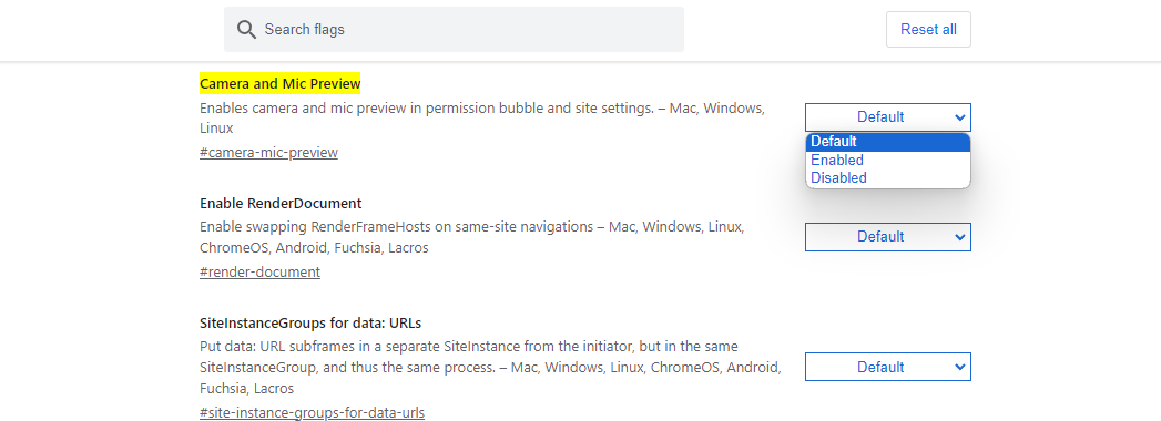 Du skal åbne rullemenuen ud for den nye funktion og vælge Enabled. Genstart herefter Chrome.