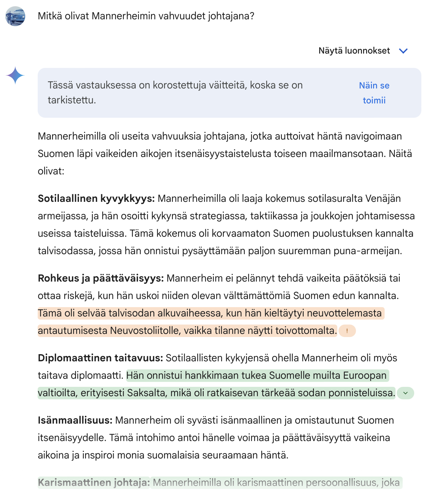Kehote sekä Google Geminin vastaus