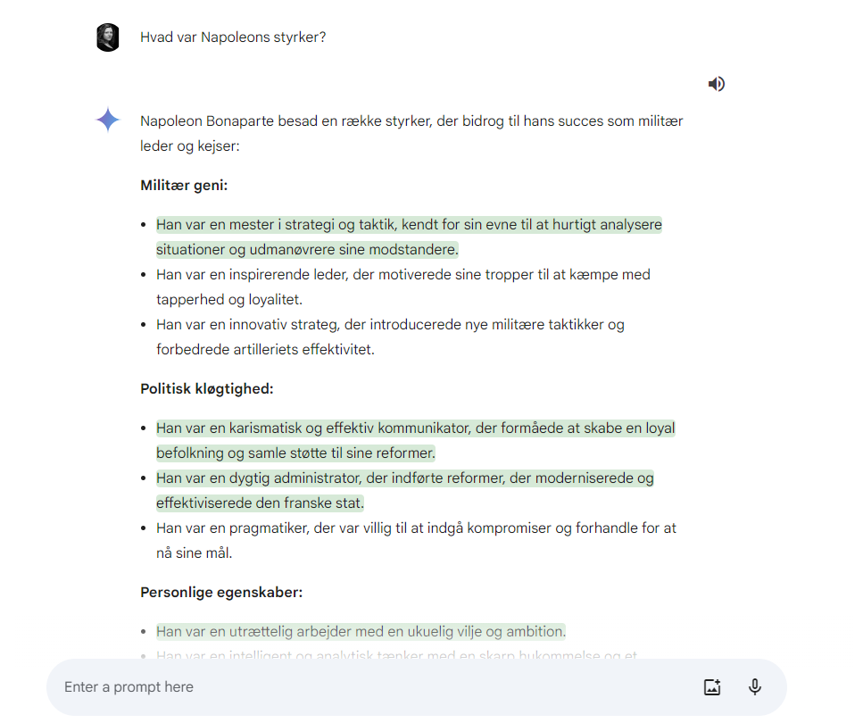 En prompt efterfulgt af et svar i Google Gemini.