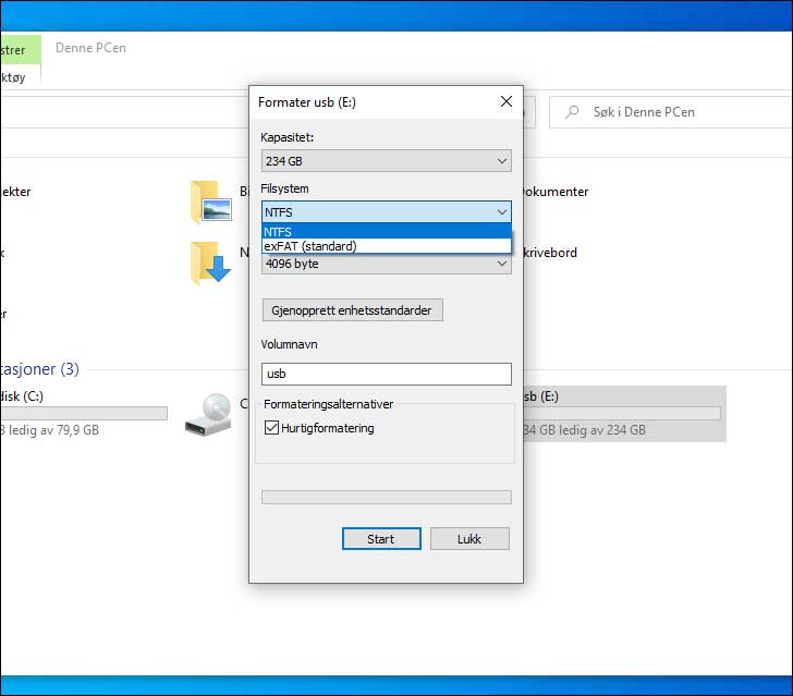 For å formatere en harddisk velger du filsystemet NTFS.