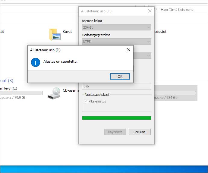Käytössä on täysin tyhjä levyasema, kun olet alustanut kiintolevyn tai muistitikun.