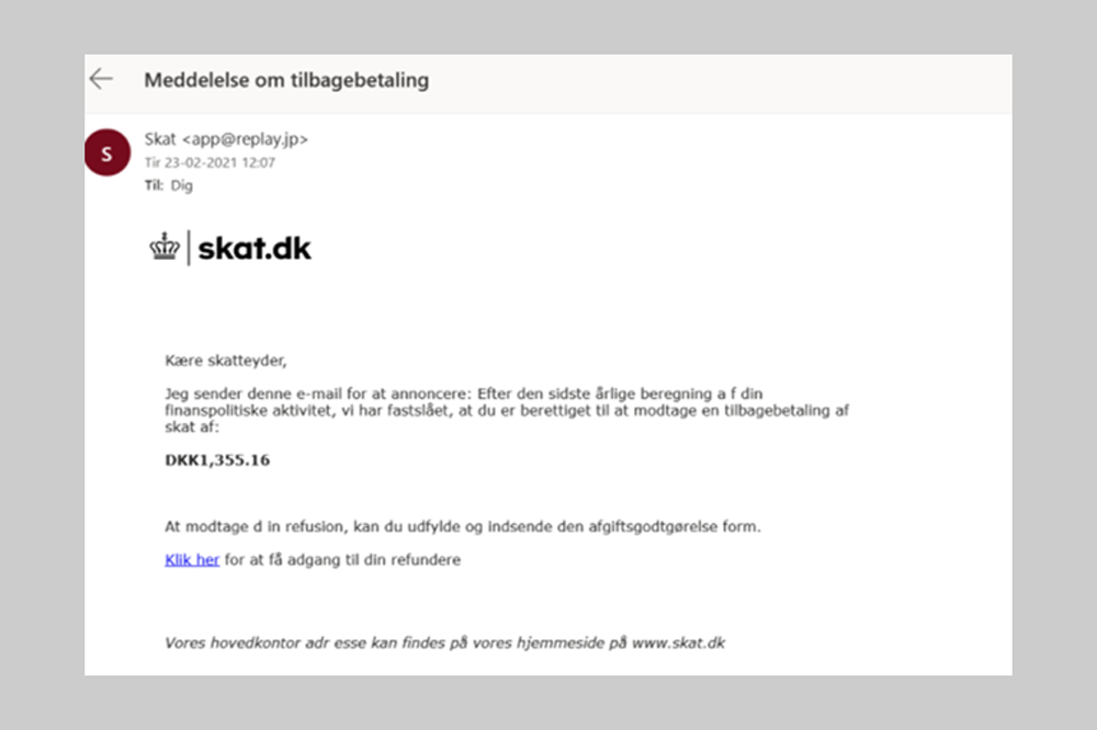 Falsk mail fra SKAT i forbindelse med årsopgørelse