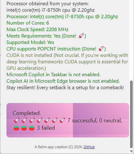 Etunurkan uudella työkalulla voi tarkistaa, voiko tietokoneeseesi asentaa 24H2-päivityksen. Ratkaiseva kohta on "CPU supports POPCNT instruction", jonka vihreä väri osoittaa, että tietokoneesi kelpaa päivitettäväksi.